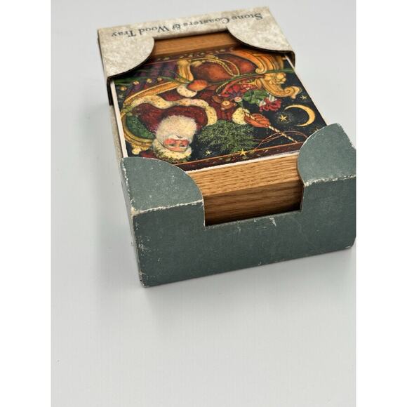 Absorbent Stone Coaster St Nicholas Set of 4 Wood Tray Boxed Santa Christmas NOS - Picture 5 of 10